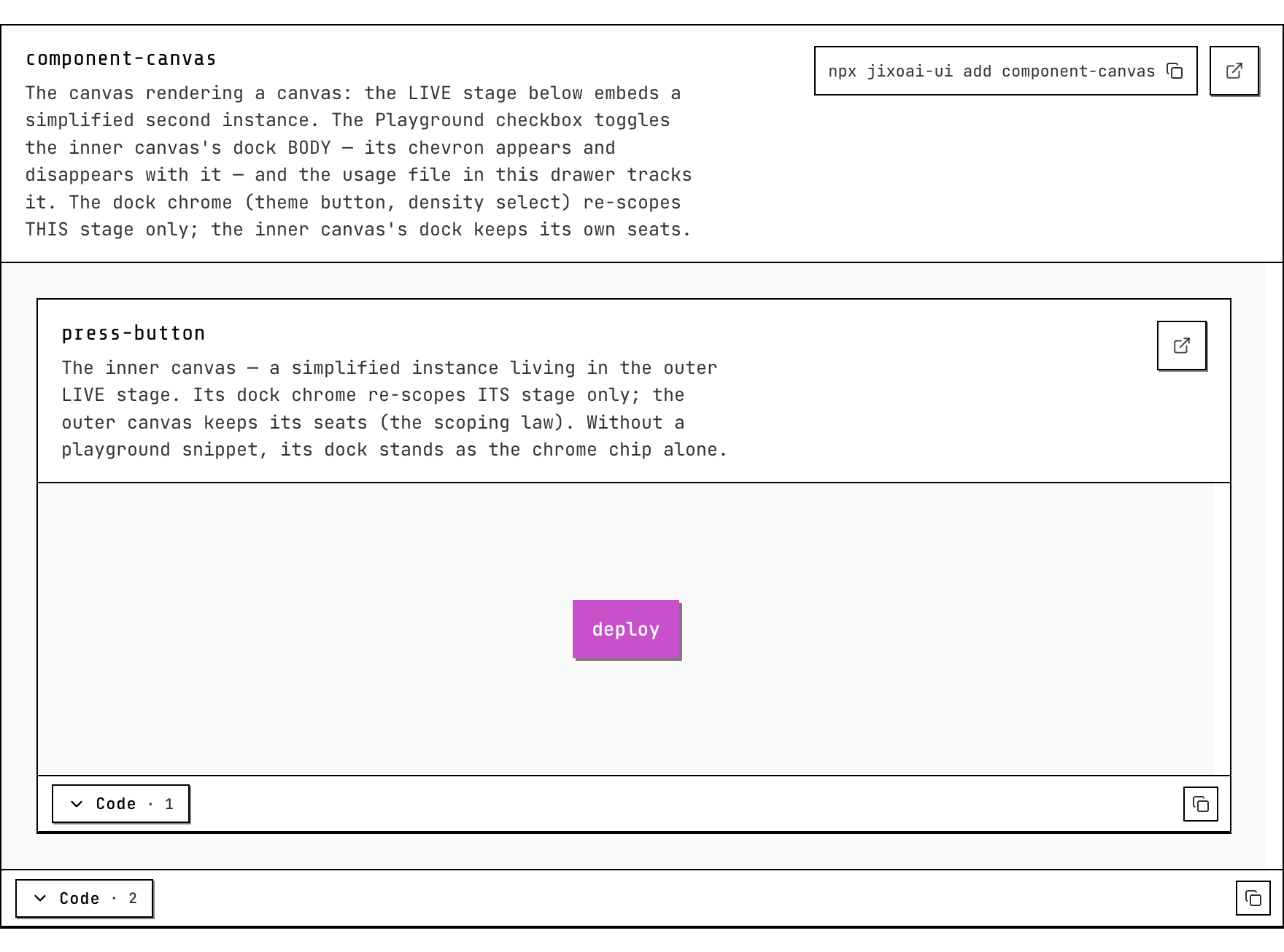 component-canvas: a canvas rendering a canvas, the outer LIVE stage embedding a simplified second instance, each with its own Code lane