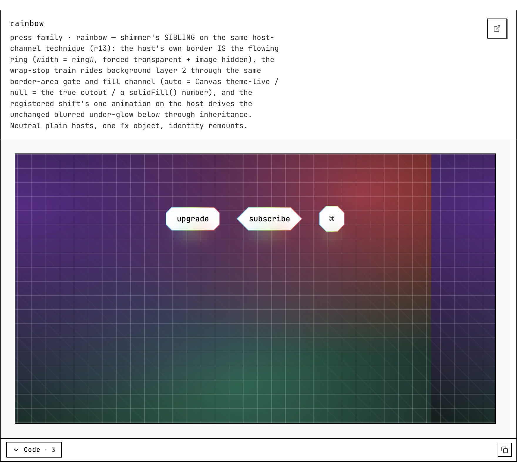 The rainbow canvas: three neutral host buttons (upgrade, subscribe, ⌘) share one fx object, the host's own border is the flowing ring with ringW driving its width, and the fill rides the auto / null / solidFill channel