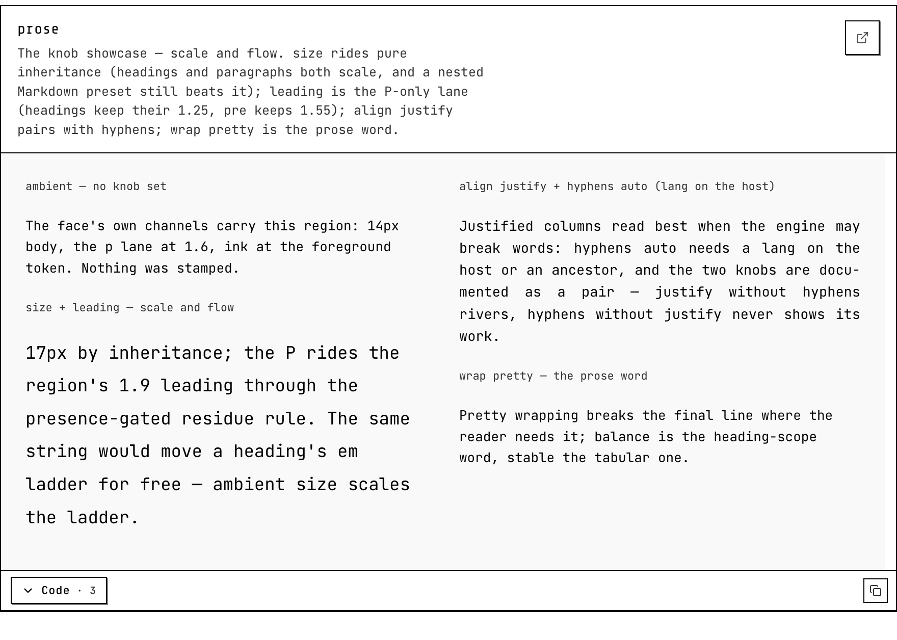 The prose page knob showcase: size and leading scaling by inheritance on the left (ambient 14px against 17px), align justify with hyphens and wrap pretty on the right