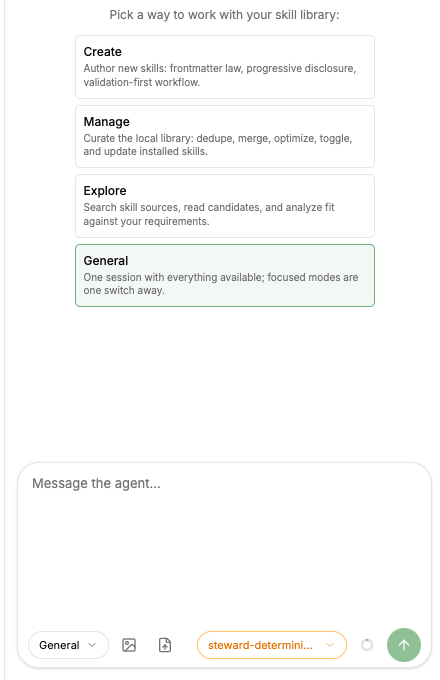 The agent panel in new-session state: below the session selector sit the four mode cards Create, Manage, Explore, and General, and the composer at the bottom carries attachment and model entries