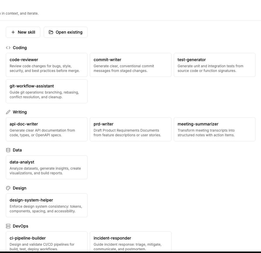 The Creator page lists the skills in scope grouped by category, each card showing a name and a one-line description, with New skill and Open existing buttons on top