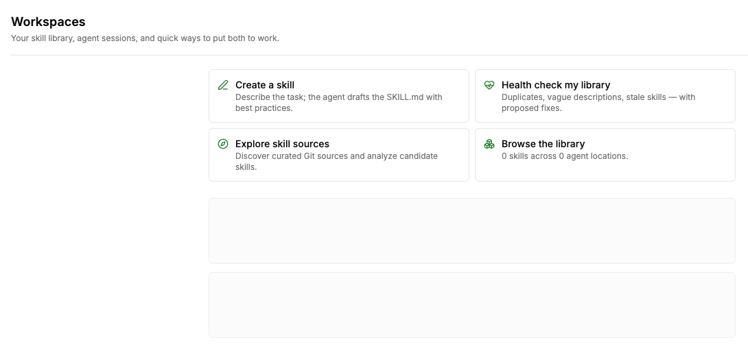 The Workspaces home screen: below the title sit the four quick-action cards (Create skill, Import workspace, Scan a repo, Discover sources), and the Global Workspace section's provider cards list skill counts, availability, and actions