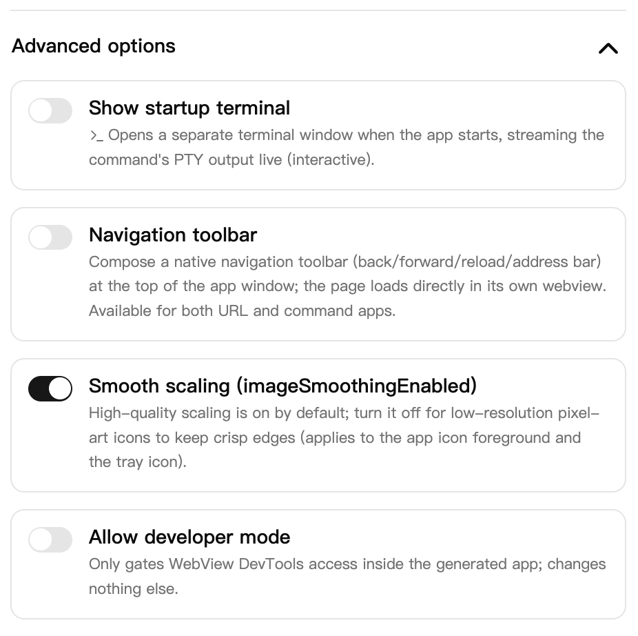 The wizard's Advanced options panel expanded, showing four switches: show startup terminal, navigation toolbar, image smoothing, allow developer mode. The navigation toolbar switch is off, and its hint says the app composes a native navigation toolbar at the top of the window.